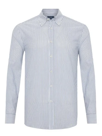 Germirli Testa Sartoriale Lacivert Çizgili Exclusive Düğmeli Yaka Tailor Fit Pamuk Gömlek - Germirli 