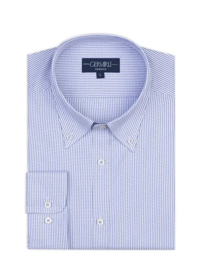 Germirli Testa Sartoriale Mavi Çizgili Exclusive Düğmeli Yaka Tailor Fit Pamuk Gömlek - Germirli 