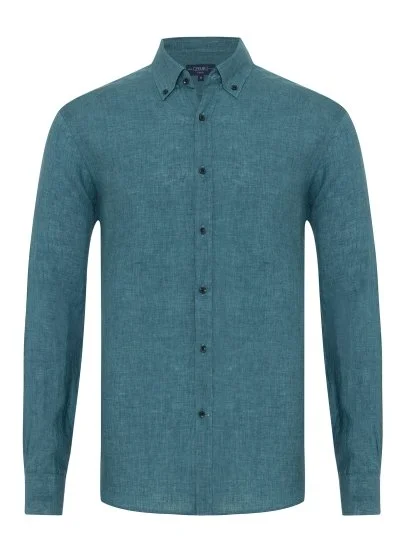 Germirli Yeşil Delave Keten Düğmeli Yaka Tailor Fit Gömlek - Germirli 