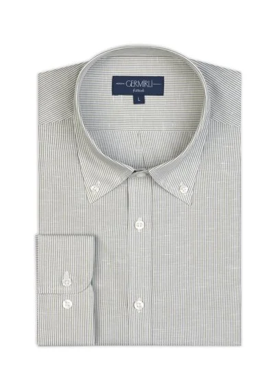 Germirli Yeşil İnce Çizgili Düğmeli Yaka Tailor Fit Pamuk Keten Gömlek - Germirli 