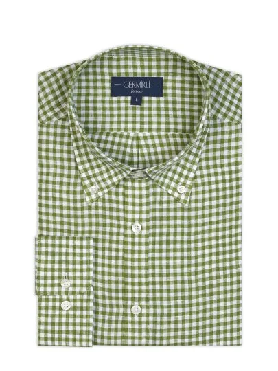 Germirli Yeşil Piti Kareli Düğmeli Yaka Tailor Fit Keten Gömlek - Germirli
