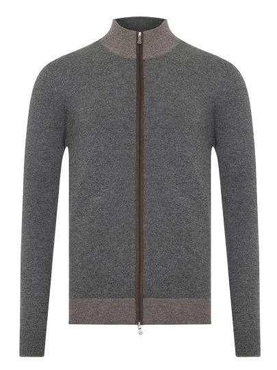 La Fileria Gri Yün Kaşmir Süet Peçli Fermuarlı Hırka Triko - La Fileria