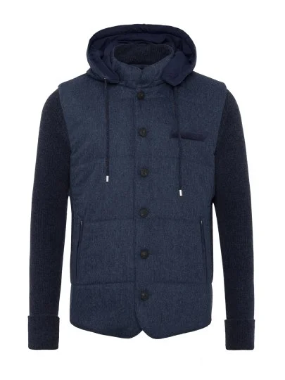 La Fileria İndigo Mavi Dolgulu Kapişonlu Geelong Yün Ceket Triko - La Fileria
