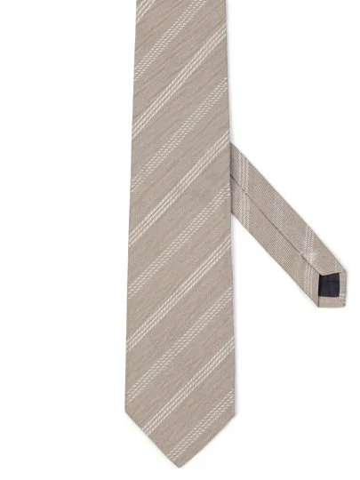 Les Copains Gri Bej Dokulu Şerit Çizgili İpek İtalyan Kravat - Les Copains