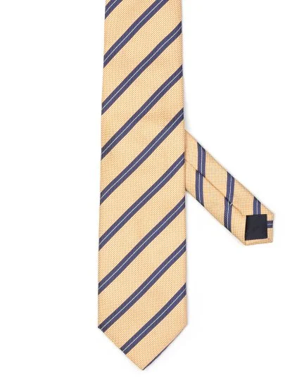 Les Copains Turuncu Bej Lacivert İnce Çizgili Dokulu İtalyan Kravat - Les Copains
