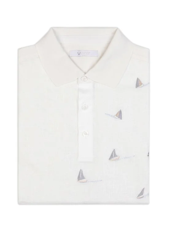 Alphauomo Beyaz Polo Yaka Yelken İşlemeli Pamuk Keten Regular Fit Tişört - Alphauomo