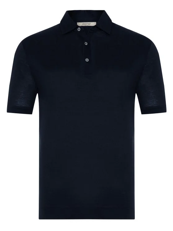 Alphauomo Lacivert Gömlek Yaka İnce Merserize Regular Fit Tişört - Alphauomo