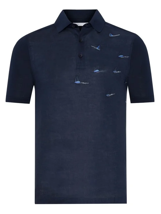 Alphauomo Lacivert Polo Yaka Yelken İşlemeli Pamuk Keten Regular Fit Tişört - Alphauomo