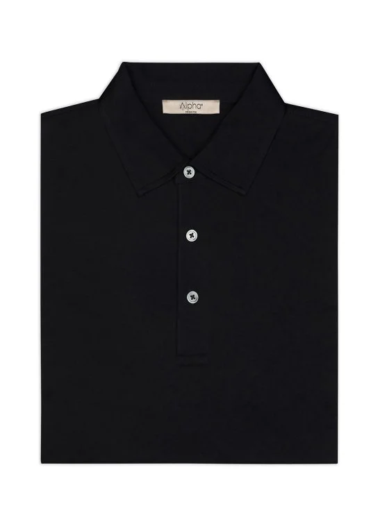 Alphauomo Siyah Gömlek Yaka İnce Merserize Regular Fit Tişört - Alphauomo