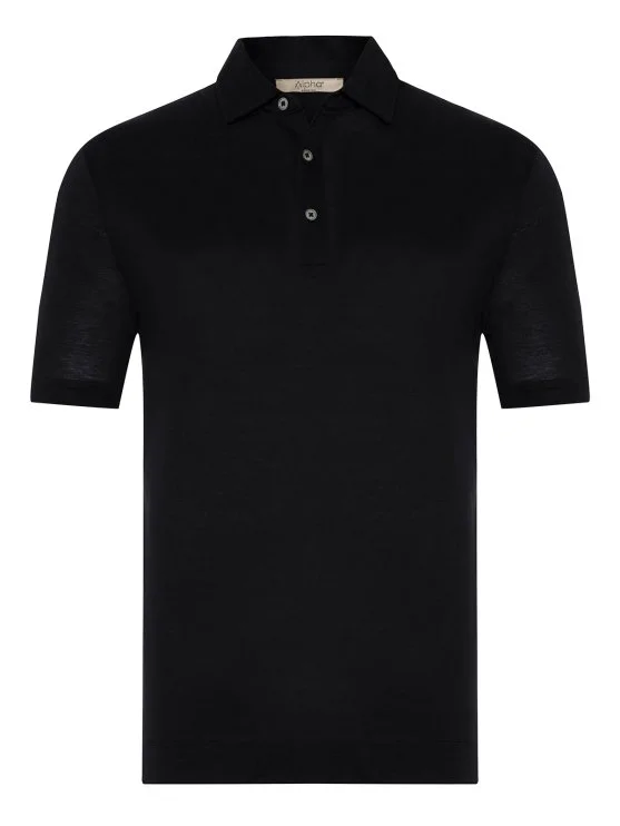 Alphauomo Siyah Gömlek Yaka İnce Merserize Regular Fit Tişört - Alphauomo