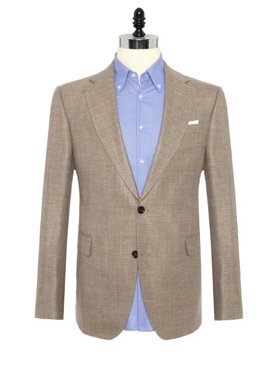Carl Gross Bej Rengi Ermenegildo Zegna Heritage Diyagonal Dokulu Yün İpek Keten Ceket - Carl Gross