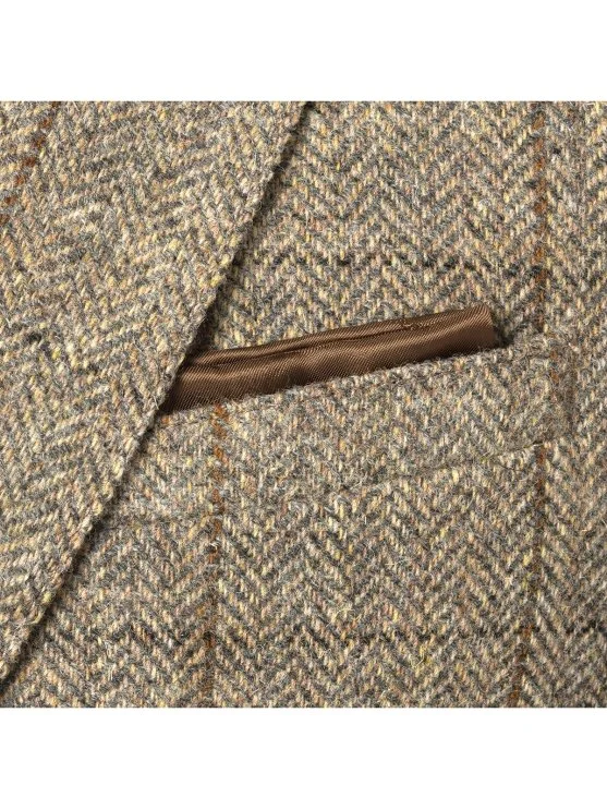 Carl Gross Harris Tweed Bej Gri Balıksırtı Kareli Kolu Peçli Yün Ceket - Carl Gross