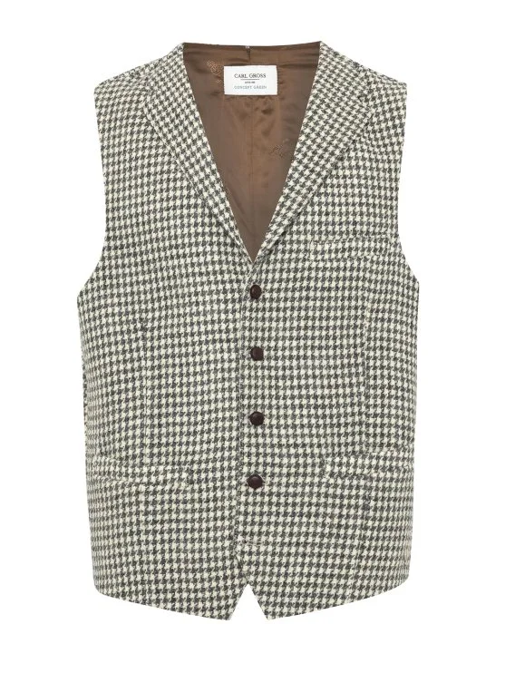 Carl Gross Harris Tweed Gri Ekru Kaz Ayağı Yün Yelek - Carl Gross