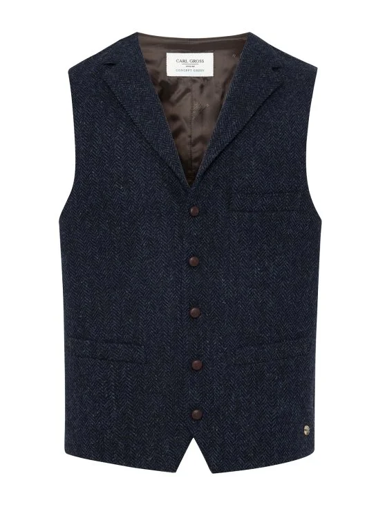 Carl Gross Harris Tweed Lacivert Mavi Balıksırtı Yün Yelek - Carl Gross