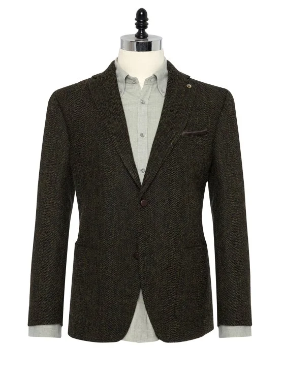 Carl Gross Harris Tweed Yeşil Taba Balıksırtı Kolu Peçli Yün Ceket - Carl Gross