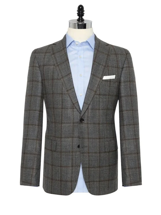 Carl Gross Loro Piana Gri Kahve Kareli Yün İpek Kaşmir Ceket - Carl Gross