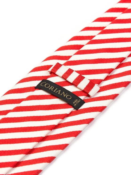 Coriano Kırmızı Beyaz Şerit Çizgili İpek İtalyan Kravat - Coriano