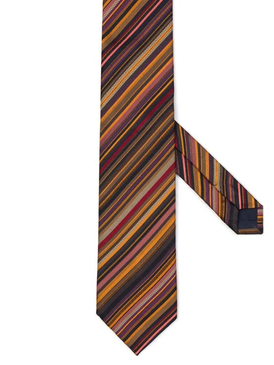 Coriano Toprak Rengi Tonları Dokulu İnce Çizgili İtalyan Kravat - Coriano