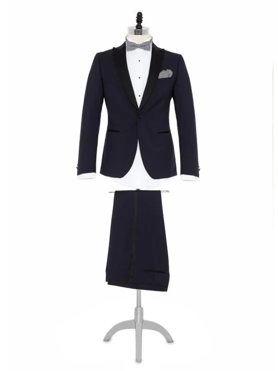 Carl Gross 100% Wool Navy Blue Peak Lapel Collar Satin Garnish Slim Fit Tuxedo Suit - Carl Gross