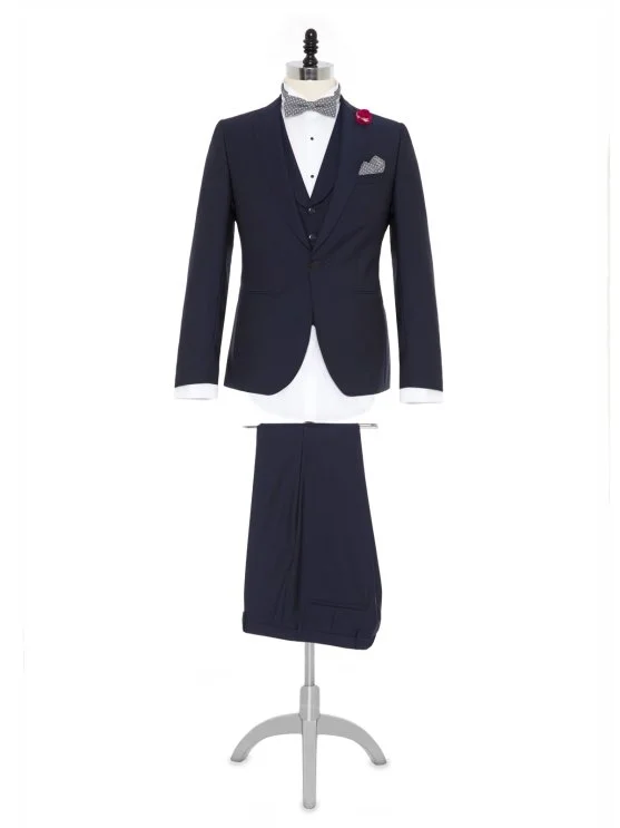 Carl Gross 100% Wool Navy Blue Self-Patterned Peak Lapel Collar Slim Fit Vested Tuxedo Suit - Carl Gross