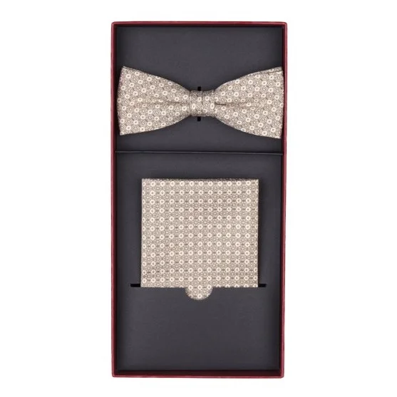 Carl Gross Cotton Beige Patterned Bow Tie Handkerchief Set - Carl Gross