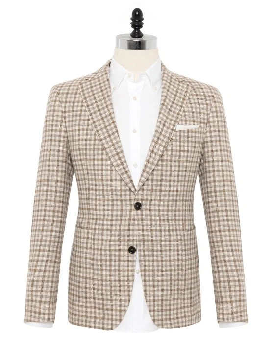 Carl Gross Beige Plaid Carlo Barbera Regular Fit Wool Silk Cotton Jacket - Carl Gross