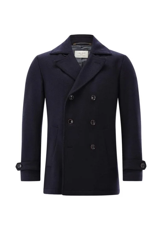 Carl Gross Navy Blue Textured Wool Double Breasted Men's Coat - Carl Gross