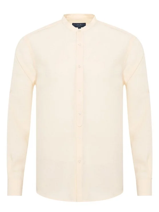 Germirli Cream Color Tailor Fit Men's Stand Collar Lyocell Linen Shirt - Germirli 