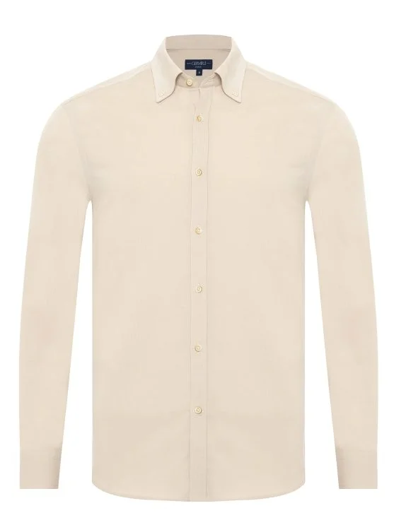 Germirli Cream Color Thin Velvet Albini Button-down Collar Tailor Fit Pure Cotton Shirt - Germirli 