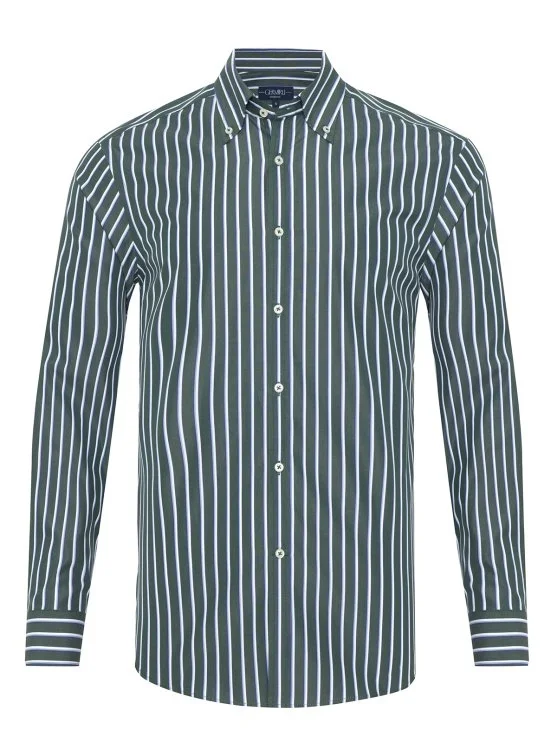 Germirli Green Blue Striped Button-down Collar Exclusive Tailor Fit Cotton Shirt - Germirli 