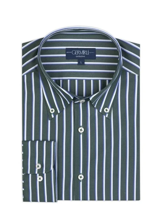 Germirli Green Blue Striped Button-down Collar Exclusive Tailor Fit Cotton Shirt - Germirli 