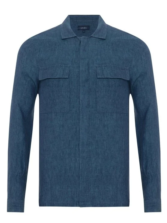 Germirli Indigo Blue Hidden Button Delave Linen Tailor Fit Jacket Shirt - Germirli 