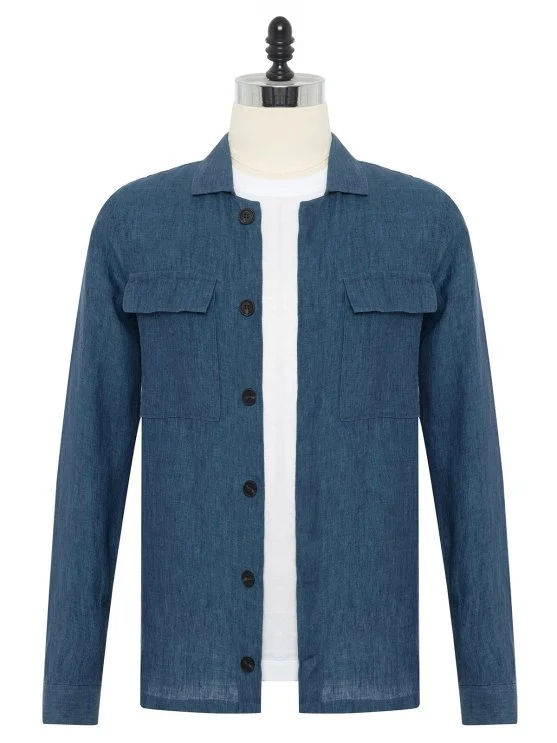 Germirli Indigo Blue Hidden Button Delave Linen Tailor Fit Jacket Shirt - Germirli 