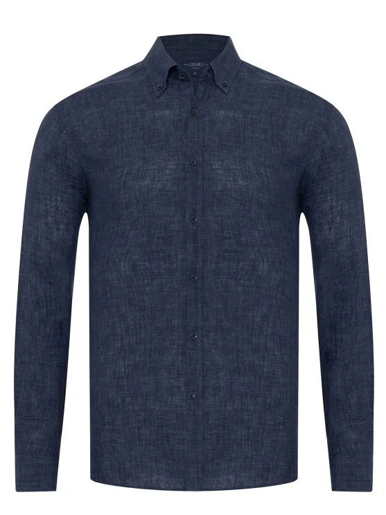 Germirli Indigo Navy Blue Delave Linen Button-down Collar Tailor Fit Shirt - Germirli 