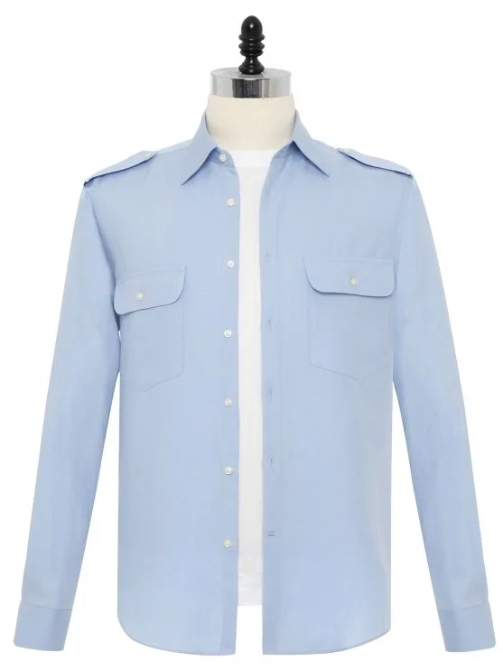Germirli Light Blue Cotton Linen Tencel Epaulette Double Flap Pocket Foldable Sleeve Hello Shirt - Germirli 