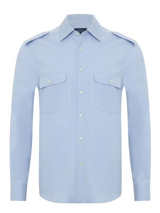 Germirli Light Blue Cotton Linen Tencel Epaulette Double Flap Pocket Foldable Sleeve Hello Shirt - Germirli 