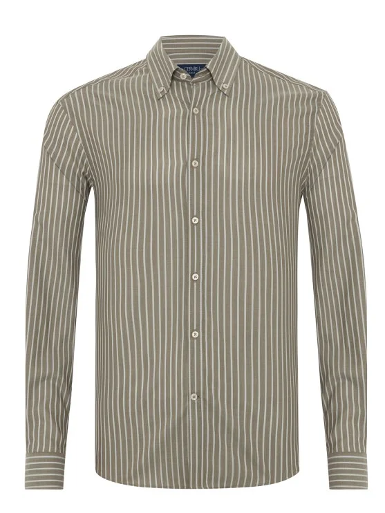 Light Brown Voile Button-Down Collar Tailor Fit Cotton Shirt with Germirli - Germirli 