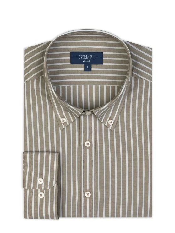 Light Brown Voile Button-Down Collar Tailor Fit Cotton Shirt with Germirli - Germirli 