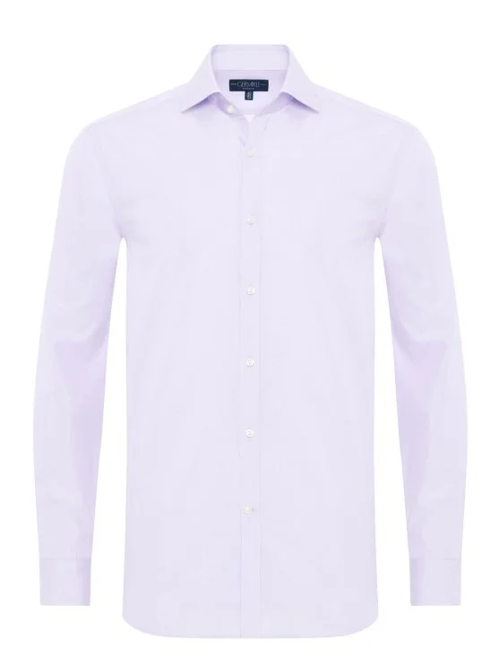 Germirli Lilac Plain Tailor Fit Relaxed Fit Italian Collar Satin Textured Cotton Exclusive Shirt - Germirli 