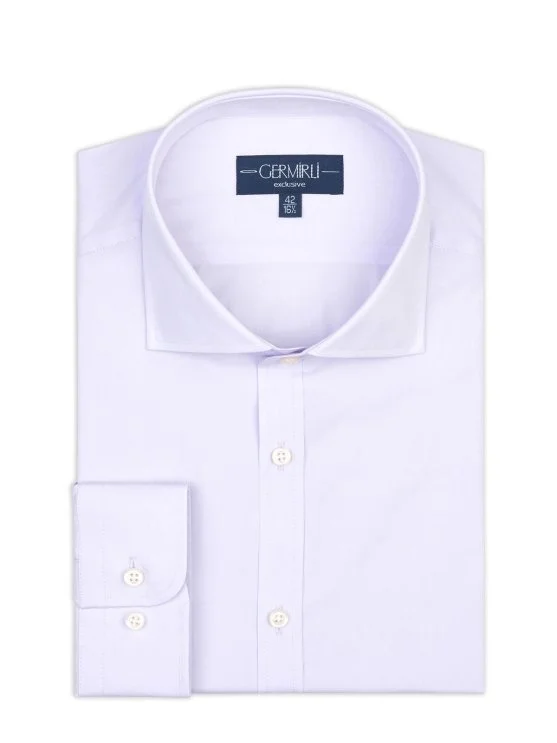 Germirli Lilac Plain Tailor Fit Relaxed Fit Italian Collar Satin Textured Cotton Exclusive Shirt - Germirli 