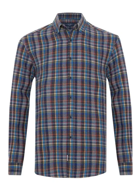 Multicolored Plaid Thomas Mason Flannel Button-down Collar Tailor Fit Wool Shirt with Germirli - Germirli 