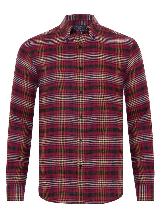 Pink Flannel Plaid Albiate Button-down Collar Tailor Fit Lumberjack Pure Linen Shirt with Germirli - Germirli 