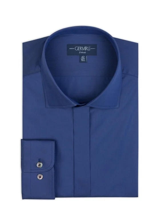 Germirli Saks Blue Tailor Fit Hidden Placket Classic Collar 70/1 Cotton Shirt - Germirli 