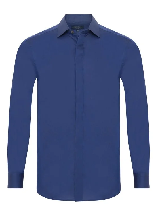 Germirli Saks Blue Tailor Fit Hidden Placket Classic Collar 70/1 Cotton Shirt - Germirli 