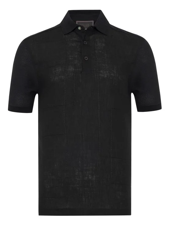 Gallus Black Polo Neck Patterned Regular Fit Cotton Linen T-Shirt - Gallus