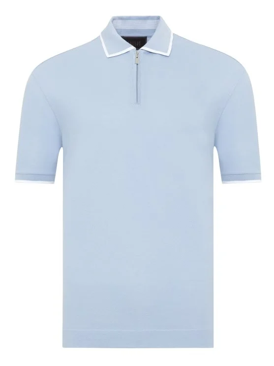 Gallus Blue Zippered Polo Collar Pique Mercerized Regular Fit T-Shirt - Gallus