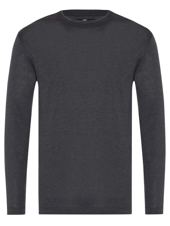 Gallus Grey Melange Slim Fit Knitted Crew Neck Cotton Long Sleeve T-Shirt - Gallus
