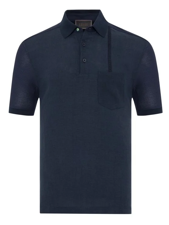 Gallus Navy Blue Polo Collar Patterned Pocket Regular Fit Cotton Linen T-Shirt - Gallus