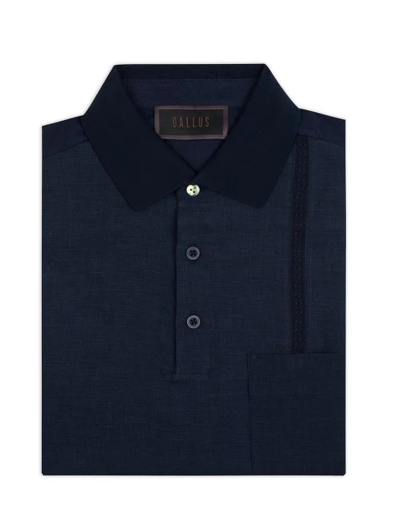 Gallus Navy Blue Polo Collar Patterned Pocket Regular Fit Cotton Linen T-Shirt - Gallus