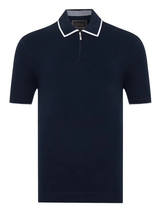 Gallus Navy Blue Zippered Polo Collar Pique Mercerized Regular Fit T-Shirt - Gallus